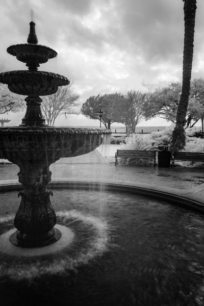Monochromatic Elegance: Rainy Day Reverie at the Fountain in Saint Marys Georgia Print