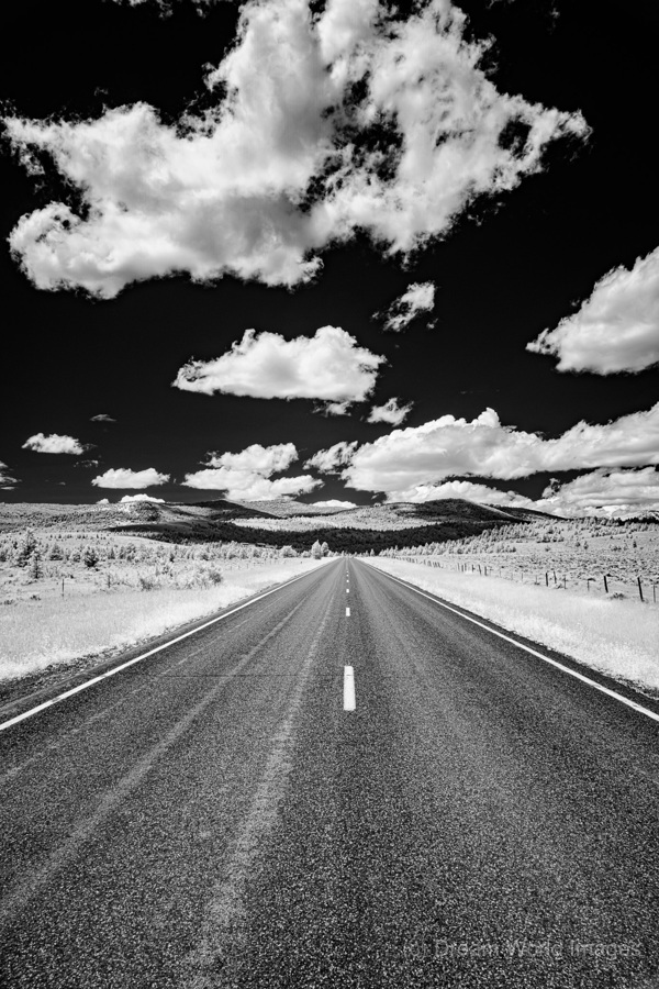 Rural Majesty Unveiled: Montanas Highway Horizon in Black and Wh  Print