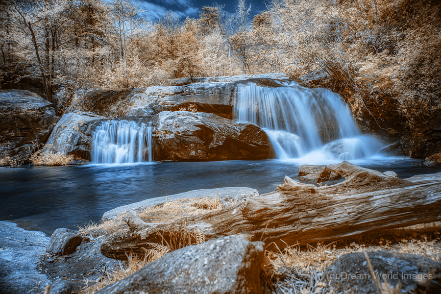Sapphire Dreams: A Tranquil Waterfall Journey  Print