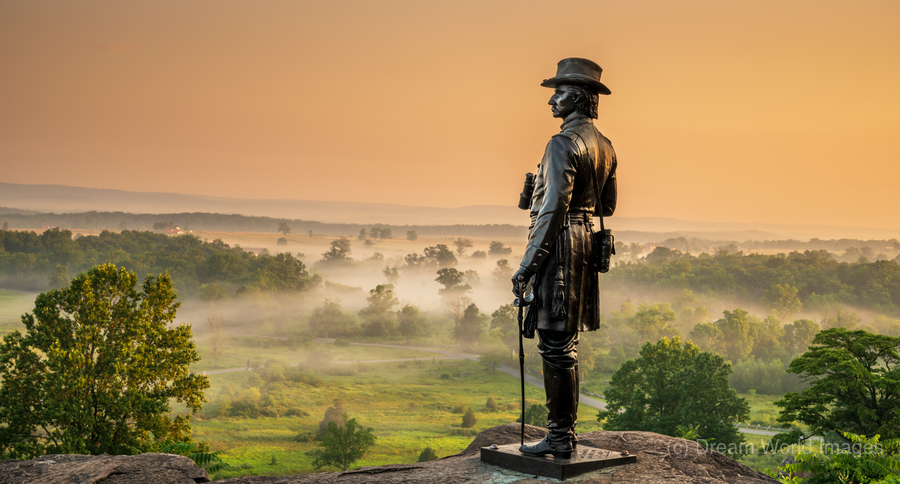 Dawns Embrace: A Vibrant Sunrise at General Warren Monument in Gettysburg  Print