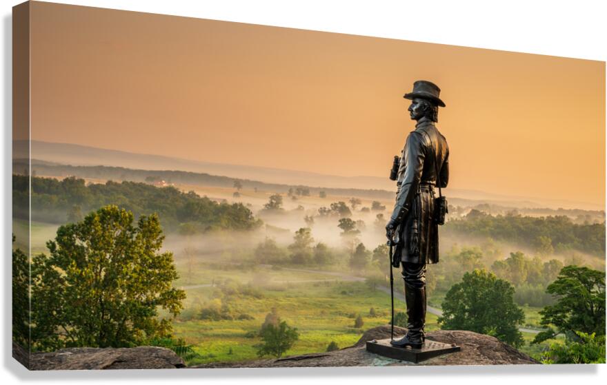 Dawns Embrace: A Vibrant Sunrise at General Warren Monument in Gettysburg Canvas Print