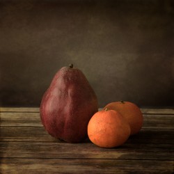 Radiant Harvest: Red Pear and Oranges in Antique Bowl Fine Art