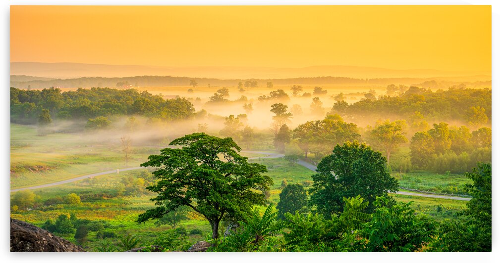 Dawns Embrace: Little Round Top Foggy Morning in Gettysburg PA by Dream World Images