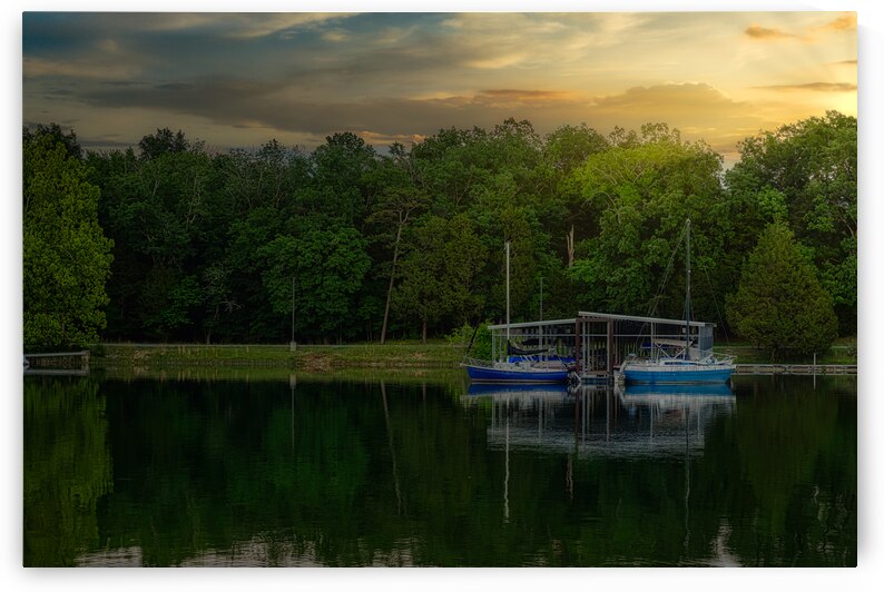 Blue Boat Sunet by Dream World Images
