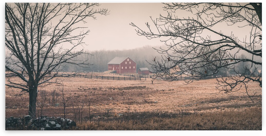 Winters Embrace: A Panoramic Red Barn in Gettysburg by Dream World Images