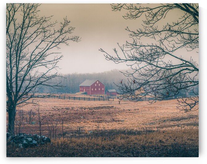 Winters Embrace: A Timeless Red Barn in Gettysburg by Dream World Images