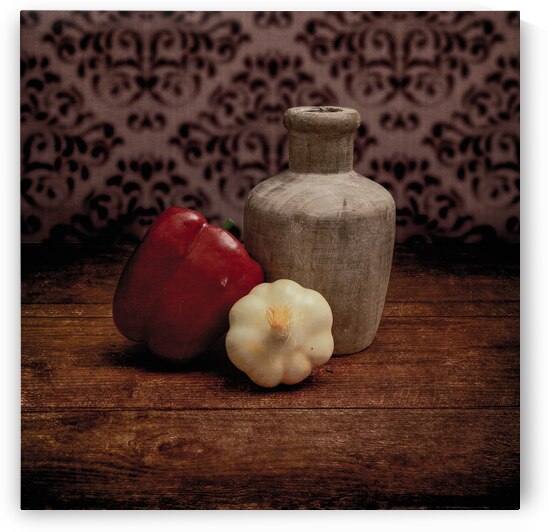 Farmhouse Spice: Weathered Wooden Jar with Red Pepper and Garlic by Dream World Images