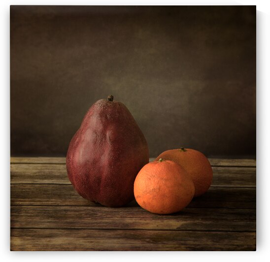 Radiant Harvest: Red Pear and Oranges in Antique Bowl Fine Art by Dream World Images