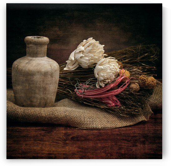 Rustic Elegance: Old Wooden Jar on Burlap with Flowers Reeds by Dream World Images