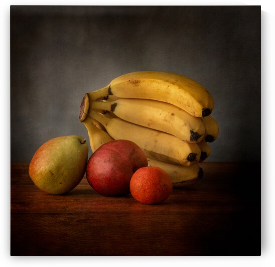 Bountiful Medley: Bananas Behind Green Pear Red Pear and Orange by Dream World Images