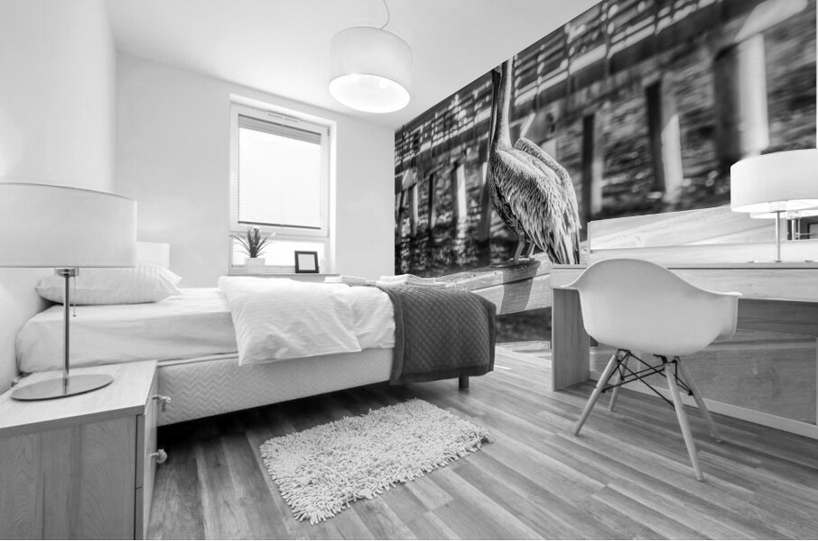 Oceans Guardian: Black and White Infrared Capture of Pelican on  Mural print