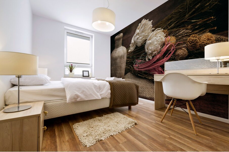 Rustic Elegance: Old Wooden Jar on Burlap with Flowers Reeds Mural print