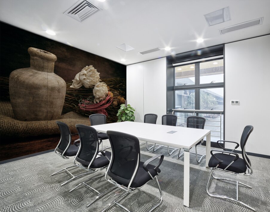 Rustic Elegance: Old Wooden Jar on Burlap with Flowers Reeds Wall Printing