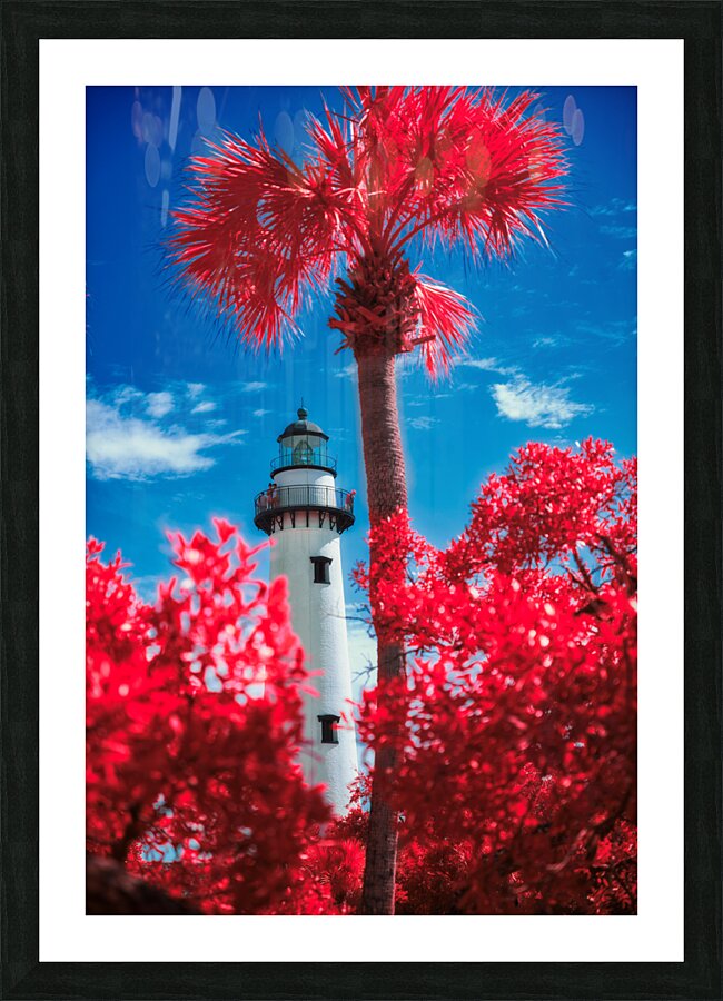 Whispers of Light: Crimson Lighthouse Picture Frame print