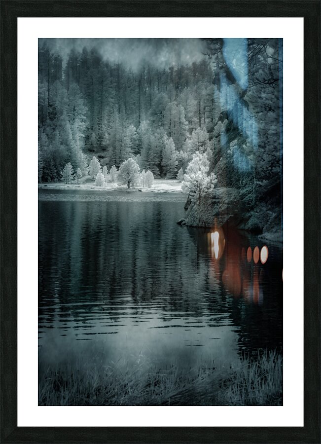 Enchanting Haze: Sylvan Lakes Smoky Pine Glow in Infrared  Framed Print Print