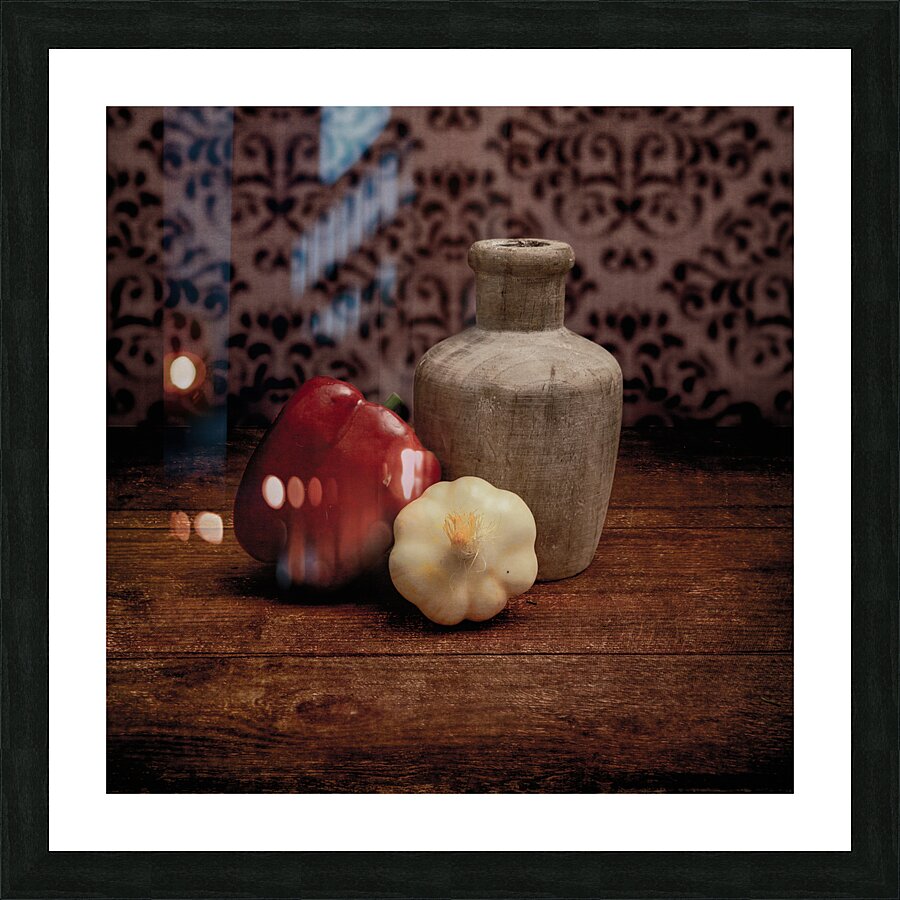 Farmhouse Spice: Weathered Wooden Jar with Red Pepper and Garlic Picture Frame print