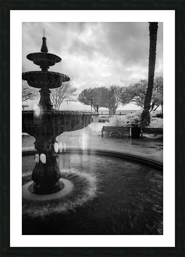 Monochromatic Elegance: Rainy Day Reverie at the Fountain in Sai  Framed Print Print