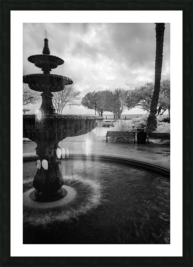 Monochromatic Elegance: Rainy Day Reverie at the Fountain in Saint Marys Georgia Picture Frame print