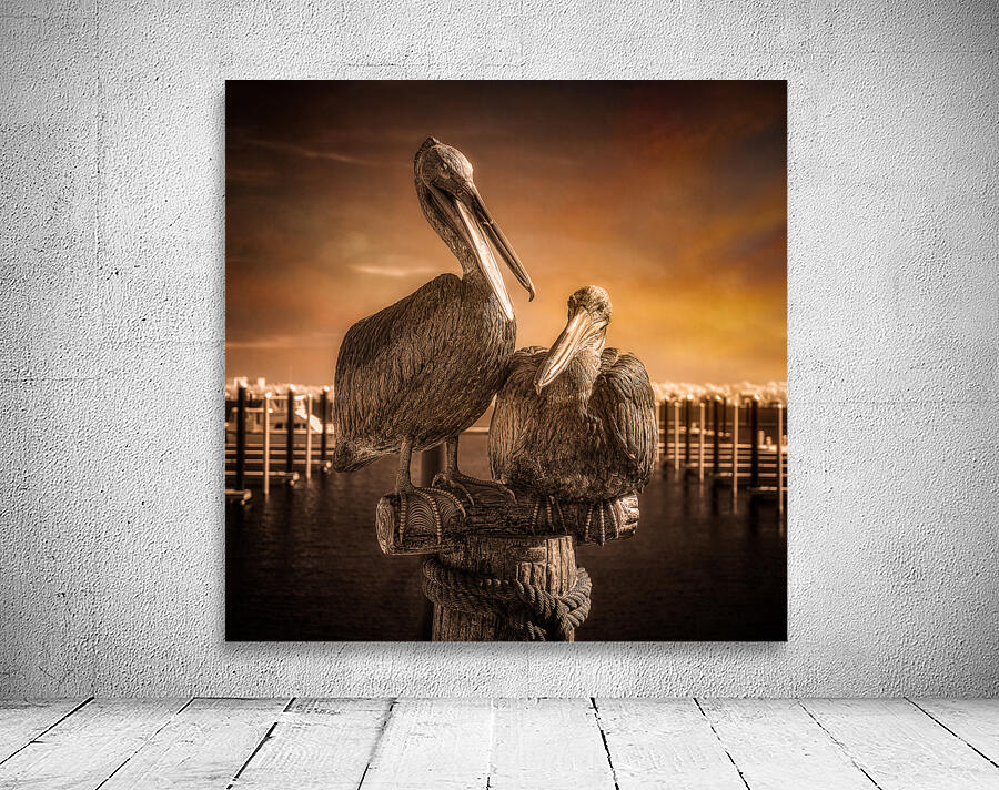 Coastal Serenity: Sunset Silhouette of A Pelican Wood Carving Wall Preview