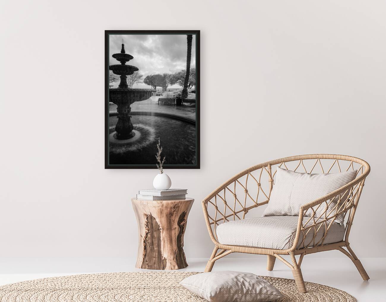 Monochromatic Elegance: Rainy Day Reverie at the Fountain in Saint Marys Georgia Reproduction