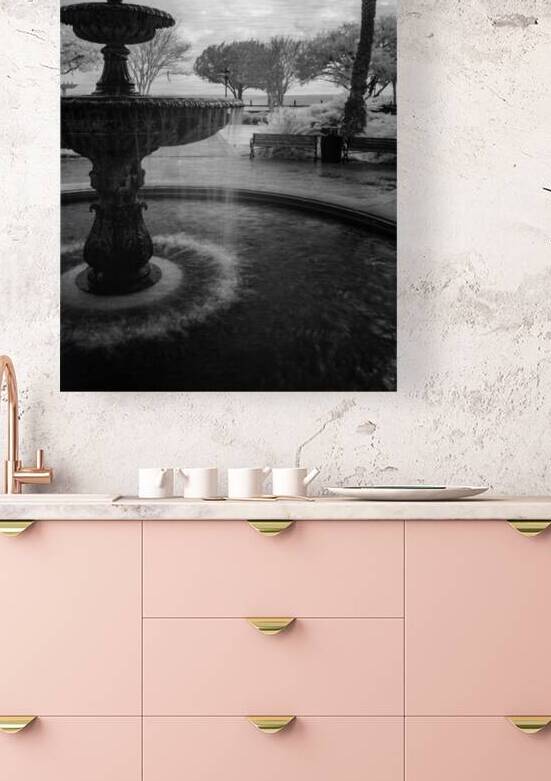 Monochromatic Elegance: Rainy Day Reverie at the Fountain in Saint Marys Georgia by Dream World Images